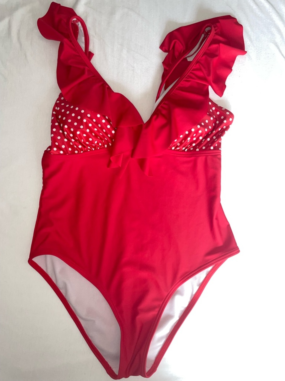 Women’s Red Ruffle One-Piece Swimsuit with Polka Dot Bust